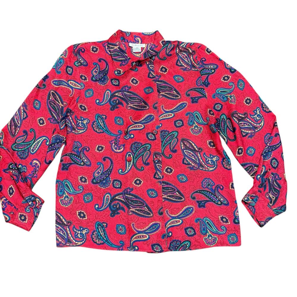Talbots Vintage Womens red paisley silk blouse, double breasted, Size 10